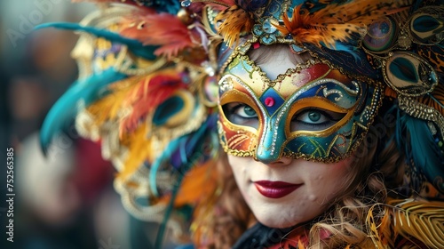 A captivating portrait of a young woman adorned in a vibrant carnival costume and wearing a decorative mask, captured amidst the festivities of a carnival © artfisss