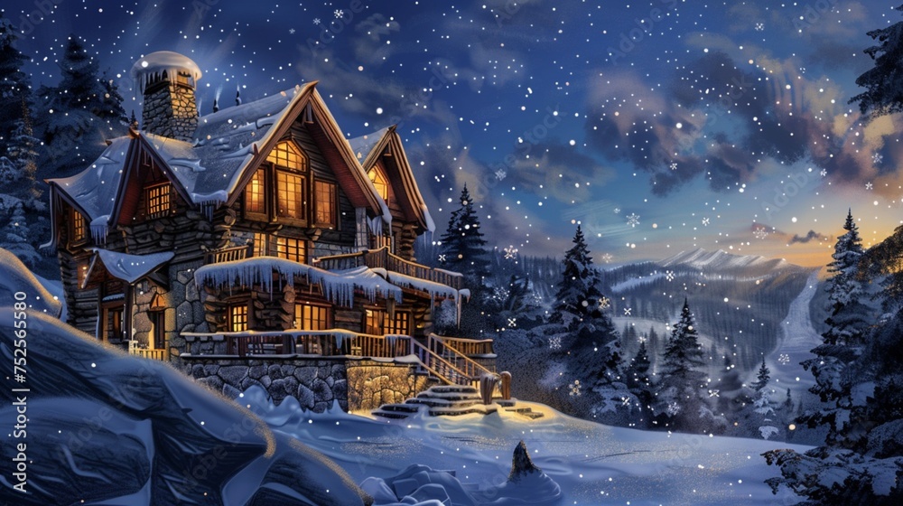 An enchanting Canadian chalet perched on a snow-covered mountainside, its exterior crafted from rich timber and stone