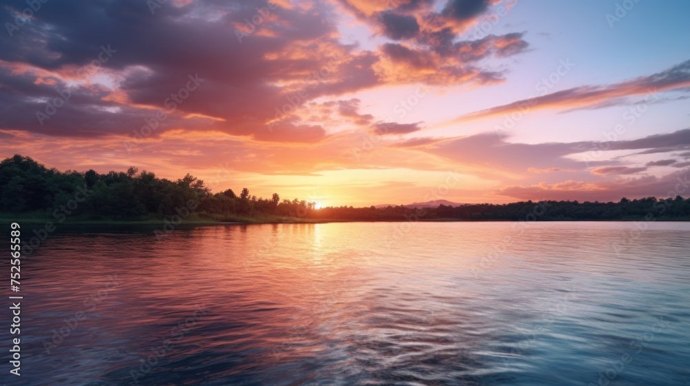 A beautiful sunset over a serene lake with trees in the background. Perfect for nature and landscape concepts A beautiful sunset over a serene lake with trees in the background. Perfect for nature and landscape concepts
