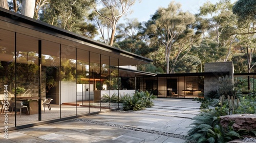 An elegant modern Australian home with sleek architectural lines and floor-to-ceiling windows, set against a backdrop of towering eucalyptus trees and rugged bushland photo