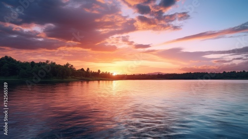 A beautiful sunset over a serene lake with trees in the background. Perfect for nature and landscape concepts