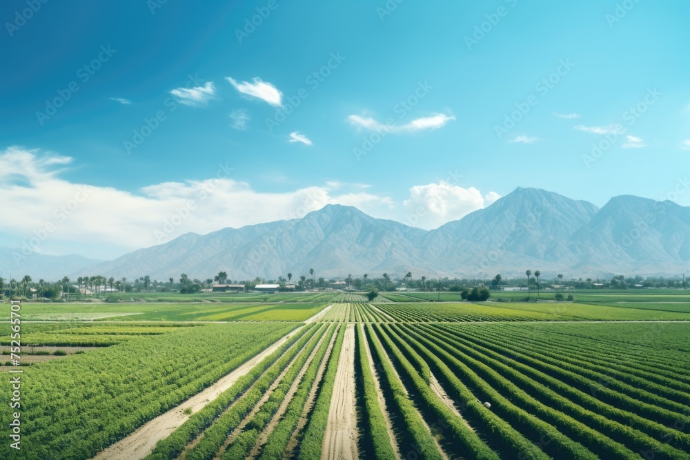 A scenic view of a crop field with majestic mountains in the background. Ideal for agricultural and nature concepts