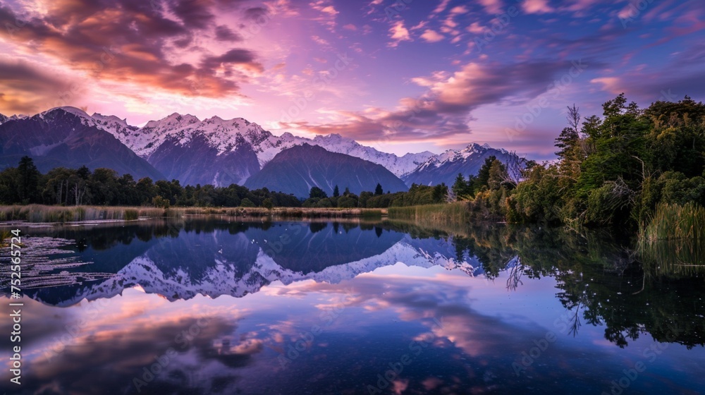 An ethereal nature landscape at sunrise, where the first light of dawn kisses the peaks of snow-capped mountains, painting them in shades of pink and gold