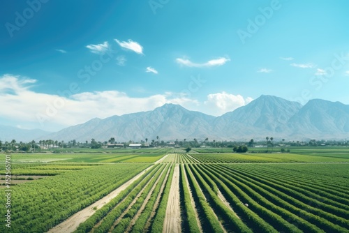 A scenic view of a crop field with majestic mountains in the background. Ideal for agricultural and nature concepts