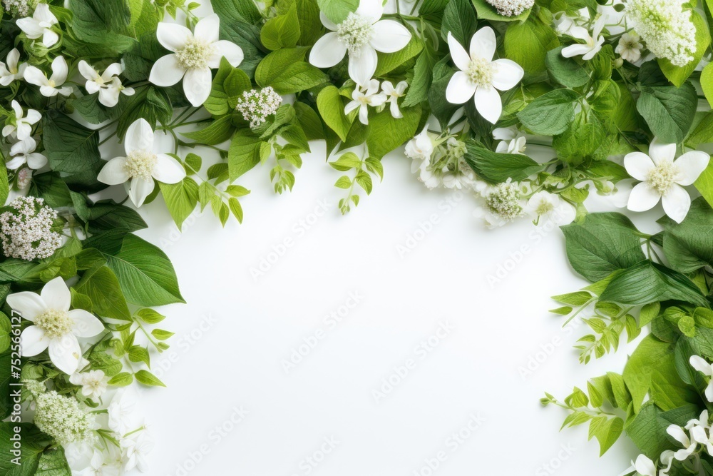 White flowers and green leaves are isolated on a white background with space for text White flowers and green leaves are isolated on a white background with space for text