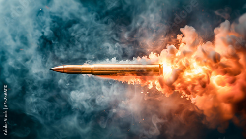 A single bullet in motion with a trail of smoke and fire against a dark background.