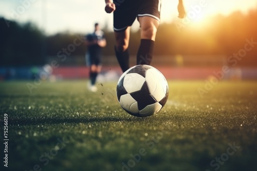 Soccer ball on field with sun in background, suitable for sports or outdoor activities