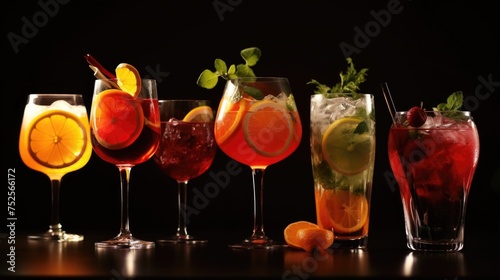 Row of glasses filled with different types of drinks. Perfect for beverage concept designs