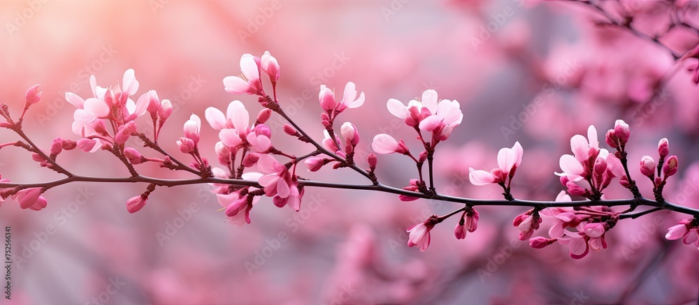 A close-up view of a branch with vibrant pink cercis flowers blooming, adding a pop of color to a fragrant spring garden.