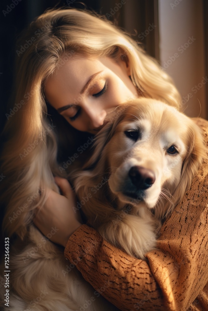 A touching moment captured between a woman and her furry friend. Perfect for pet lovers
