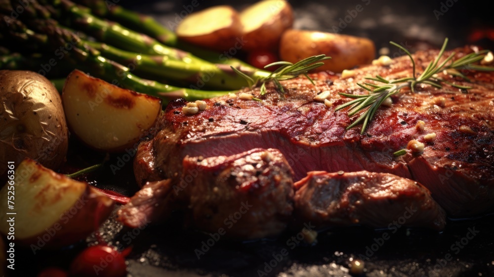 Grilled steak and potatoes with a touch of rosemary. Perfect for food blogs and restaurant menus Grilled steak and potatoes with a touch of rosemary. Perfect for food blogs and restaurant menus