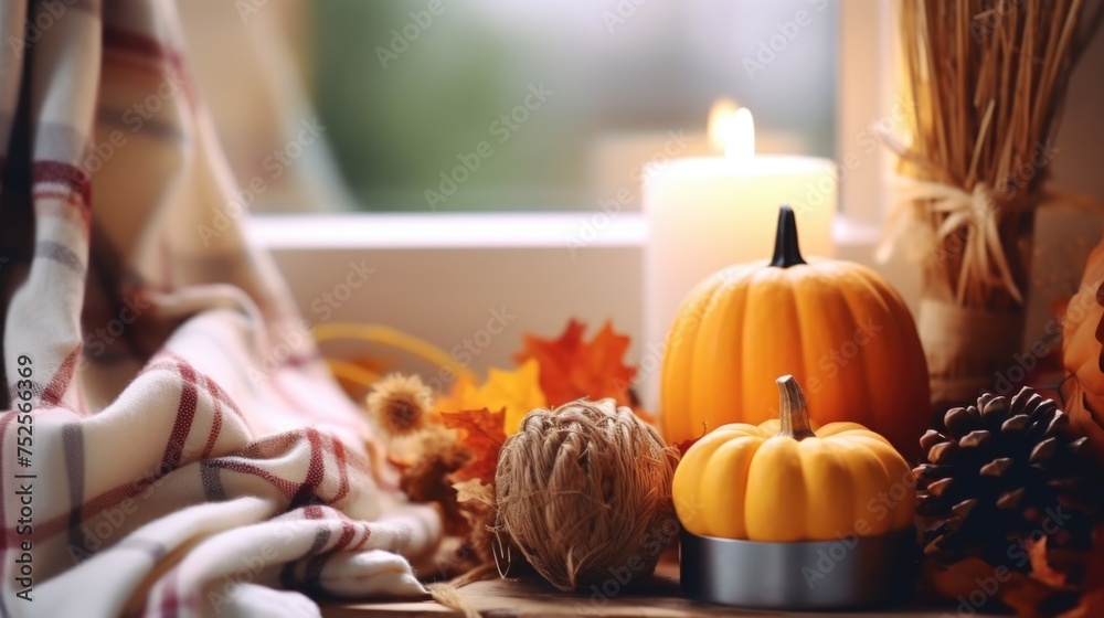 Autumn themed table setting with pumpkins and candle. Perfect for seasonal events