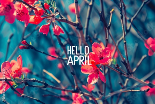 a tree covered in pink flowers with the words HELLO APRIL Generative AI photo