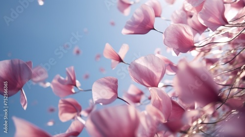 A bunch of pink flowers floating in the air. Perfect for spring-themed designs
