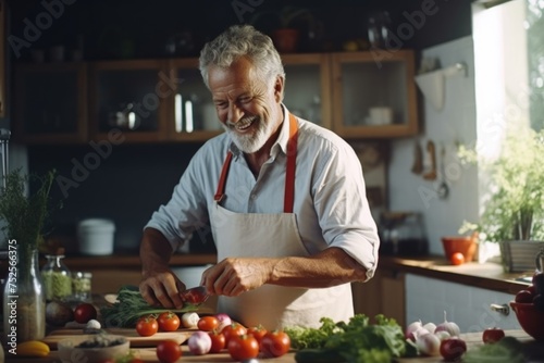 A man in an apron preparing food. Suitable for culinary concepts