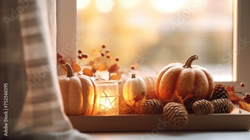 A tray of pumpkins and pine cones on a window sill. Suitable for autumn and Thanksgiving themes