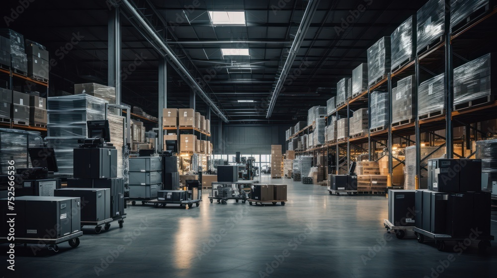 Organized warehouse interior showcases efficiency in logistics and supply chain management. with a high level of electronics