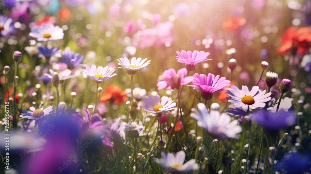 Bright sunlight shining through a field of colorful flowers, perfect for nature backgrounds or spring themes