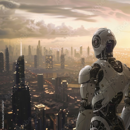 a robot standing in front of a city