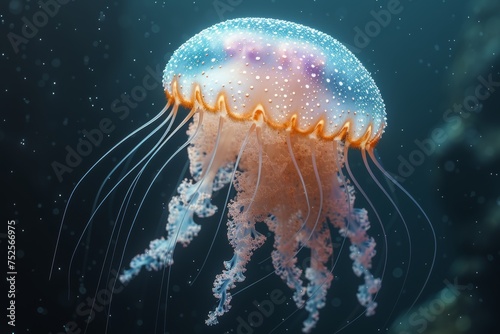 A large transparent jellyfish swims underwater photo