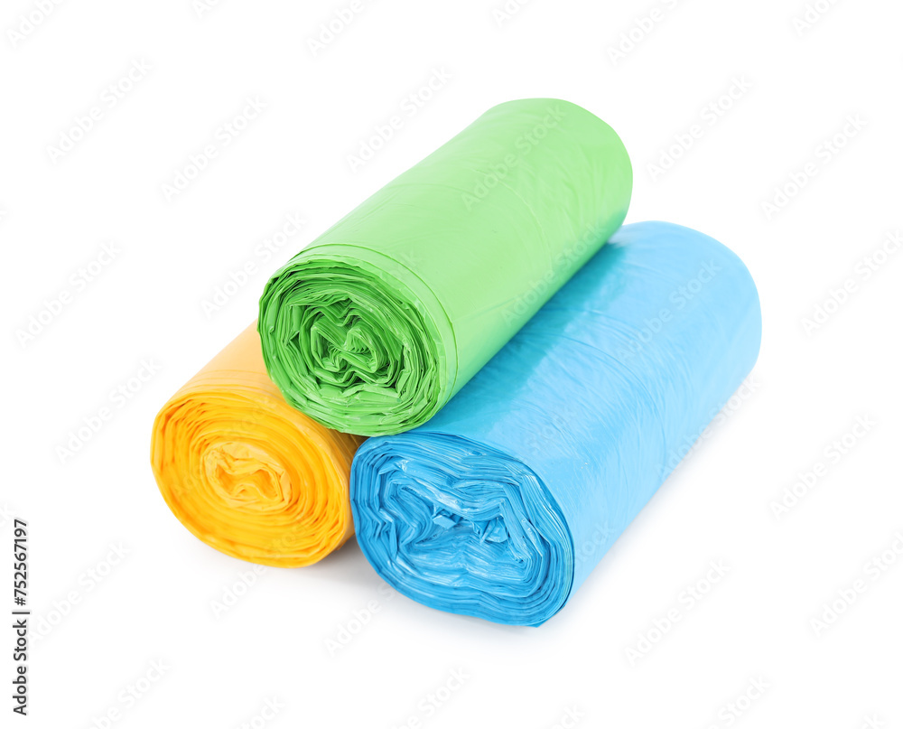 Rolls of colorful garbage bags isolated on white Rolls of colorful garbage bags isolated on white