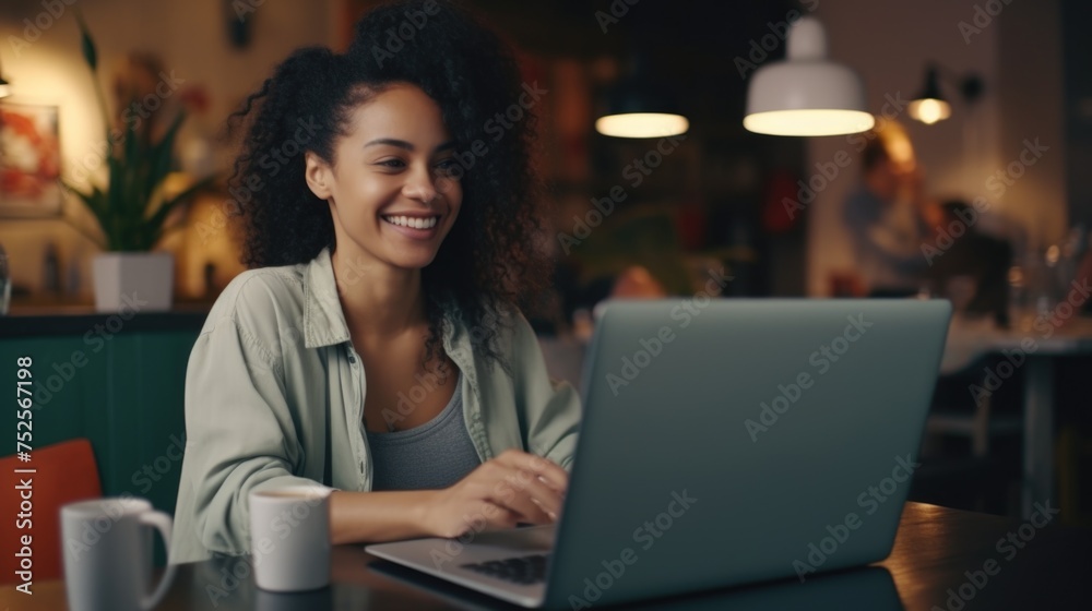A woman sitting at a table using a laptop computer. Suitable for business and technology concepts A woman sitting at a table using a laptop computer. Suitable for business and technology concepts