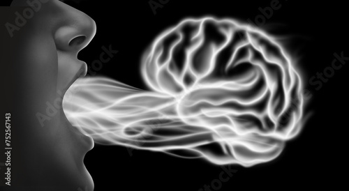 Принти на полотні Vaping and brain health and related nicotine addiction disease risk as a person exhaling steam smoke or vapor shaped as a human mind from an electronic cigarette