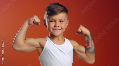 A young boy showing off his muscles against a vibrant red backdrop. Perfect for fitness or health-related concepts