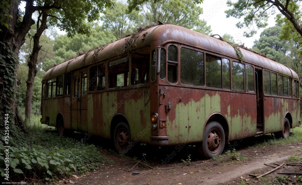 A rusty bus into the jungle. Abandoned place, vines everywhere.