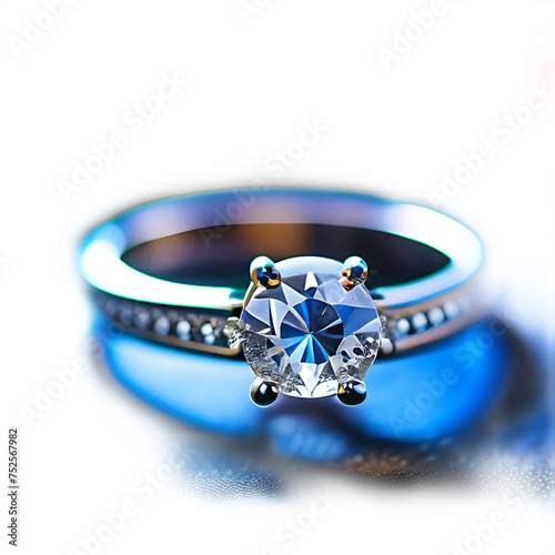 Elegant diamond ring in a white gold frame. The circle-cut diamond sparkles. isolated from the background. ai-generated