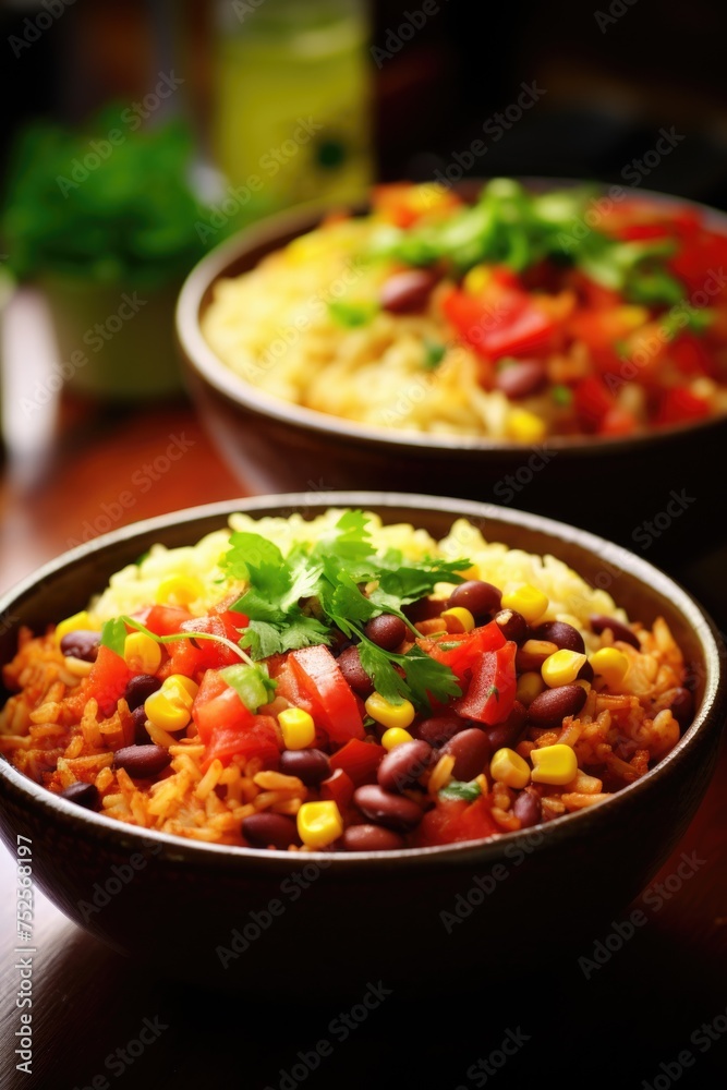 Two bowls filled with rice and vegetables, suitable for food-related projects Two bowls filled with rice and vegetables, suitable for food-related projects