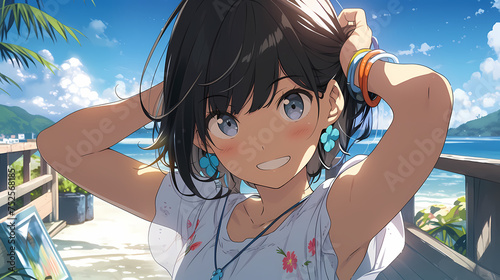 Delightful digital portraying a cute young girl in an anime/manga-inspired style. The artwork captures her posing like a model at the beach, adorned with a warm smile, created with generative A.I.