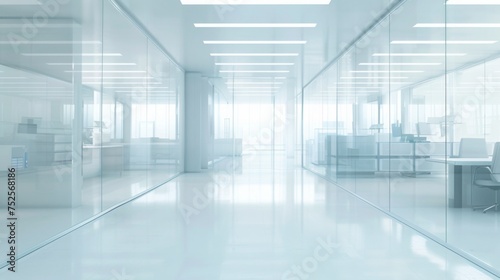Widescreen photo of modern office interior. Open space workplace with glass walls, panoramic windows. Contemporary minimalist style meeting room design for business or startup company. Perfect © JovialFox