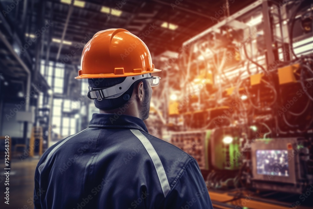 A man wearing a hard hat in a factory. Suitable for industrial concepts A man wearing a hard hat in a factory. Suitable for industrial concepts