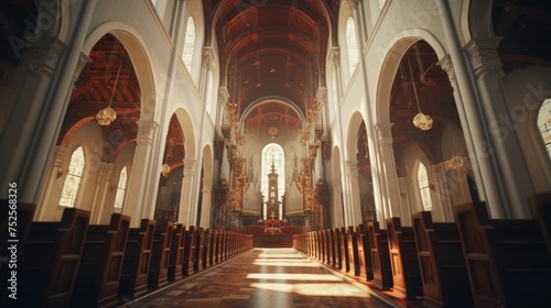 A serene image of an empty church interior with beautiful stained glass windows. Perfect for religious themes or spiritual concepts