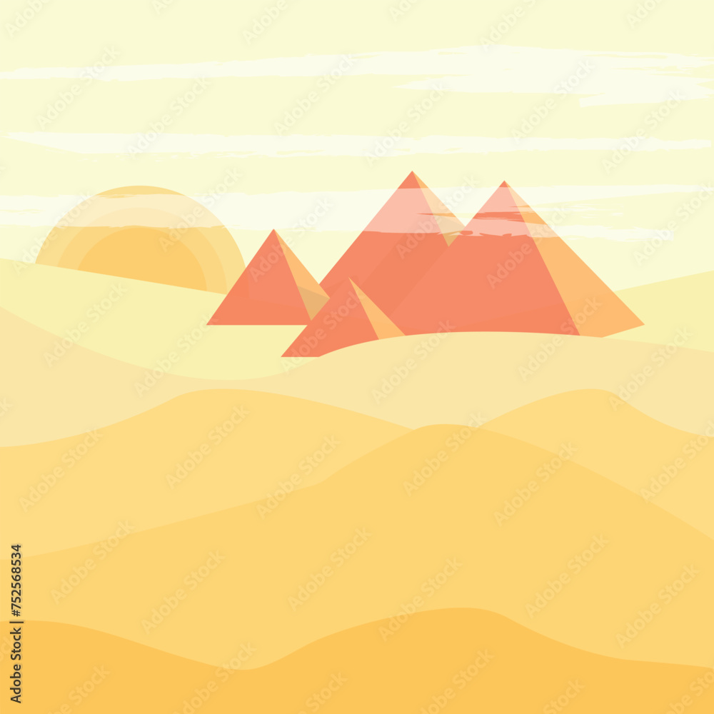 Vector image of Sand dunes of the desert and the sun at sunset.