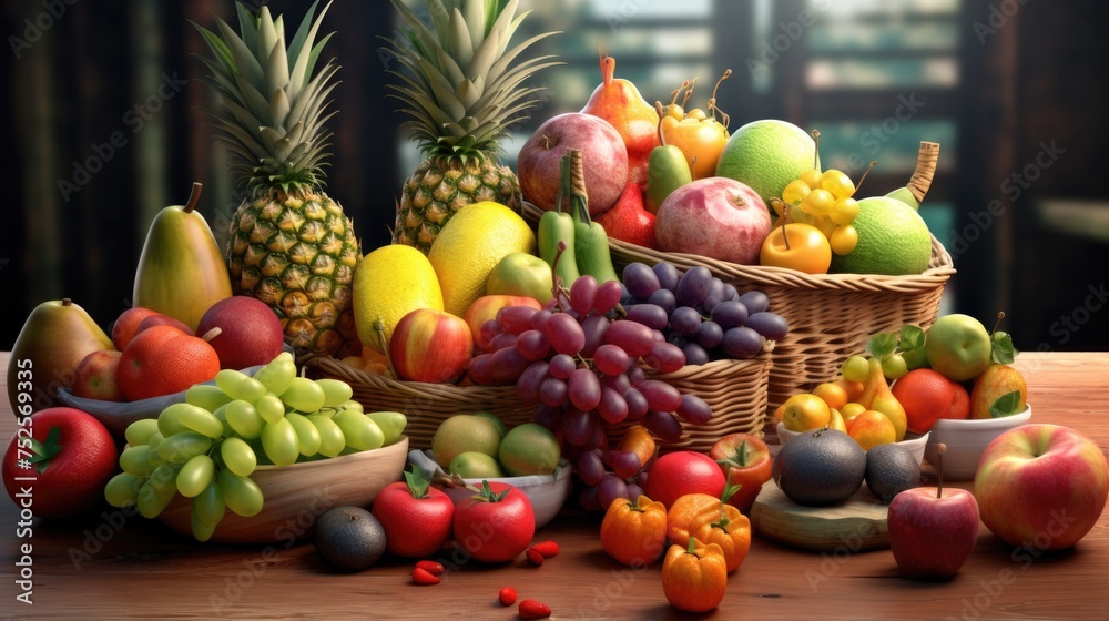 Assorted fruits displayed on a table, perfect for healthy eating concept or grocery store advertisement
