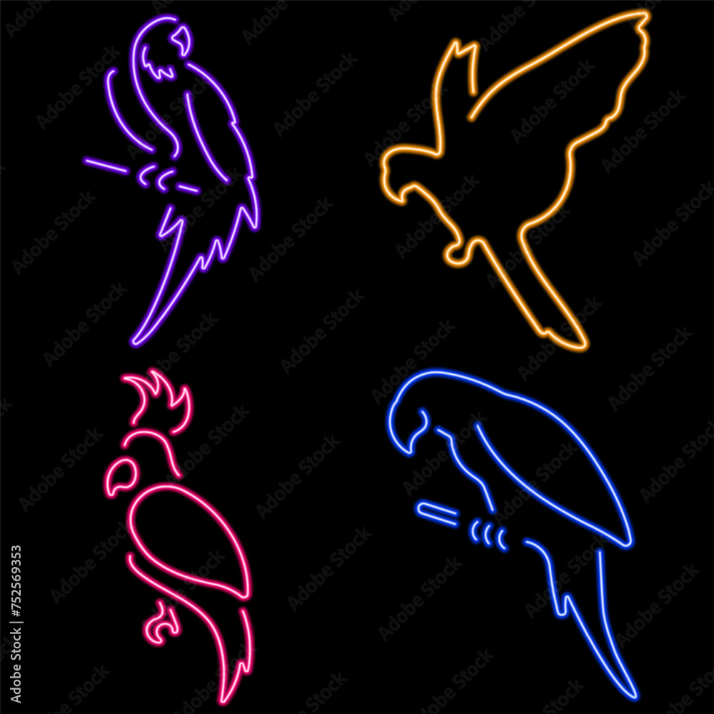 parrot group of neon icons, vector illustration on black background. parrot group of neon icons, vector illustration on black background.