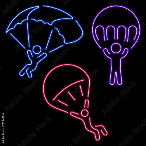 Parachutist group of neon icons, vector illustration on black background.