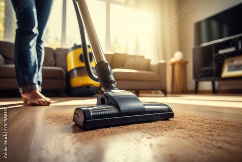 Person vacuuming a wooden floor in a living room. Suitable for household cleaning concept