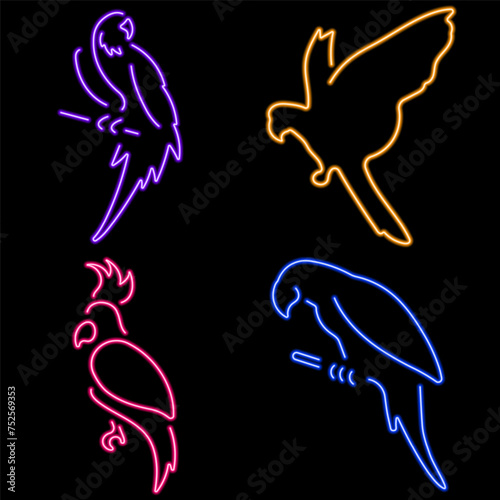 parrot group of neon icons, vector illustration on black background.