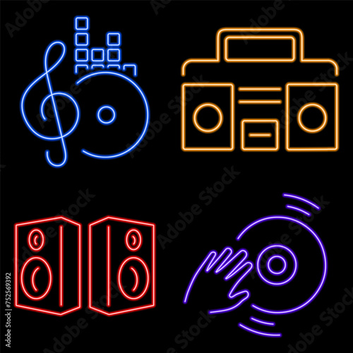 musical group of neon icons, vector illustration on black background.