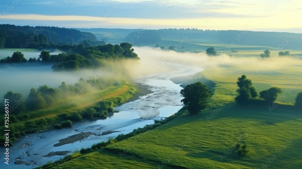 Scenic view of a river flowing through a vibrant green field. Ideal for nature and landscape concepts