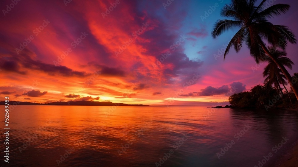Colorful Sunset over the Ocean with Palm Trees
