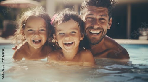 A man swimming with two little girls in a pool. Suitable for family vacation concepts