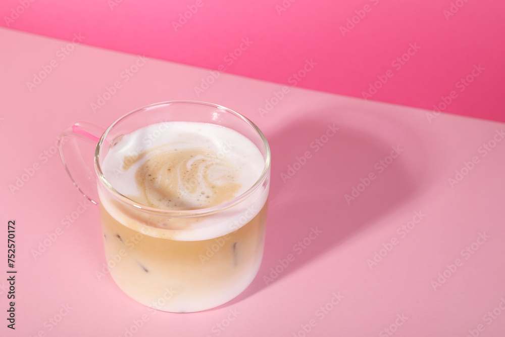 Cup of fresh coffee on pink background. Space for text Cup of fresh coffee on pink background. Space for text