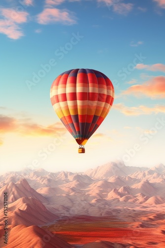 A hot air balloon flying over a desert landscape. Perfect for travel and adventure concepts