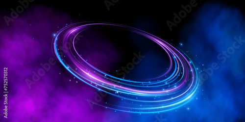 Magical geometric circle neon portal shrouded in light smoke. Round glowing frame, futuristic teleporter. light effect. Bright lights illuminate a night scene on a black background. Runway light effec