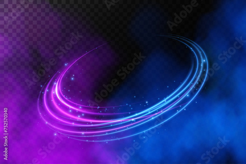 Magical geometric circle neon portal shrouded in light smoke. Round glowing frame, futuristic teleporter. light effect. Bright lights illuminate a night scene on a black background. Runway light effec