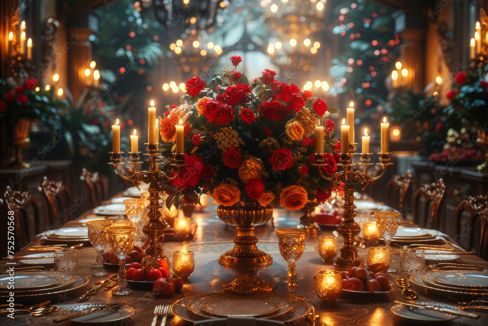 Lavish tables adorned with opulence, set for a gathering of grandeur. Generative Ai.